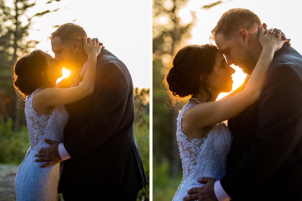 Bride and groom touching foreheads during sunset during their Labor Day Weekend Wedding