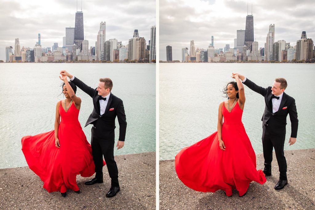 Couple dancing by the water in Chicago