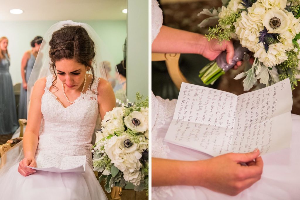 Bride cries as she reads a letter written by the groom