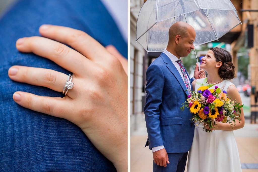 Bride has her hand on groom's shoulder while she wears a ring by Brilliant Earth