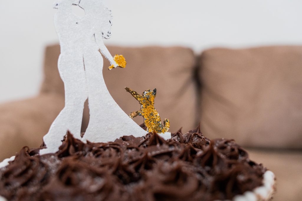 Closeup of the cake topper featuring a couple and a cat