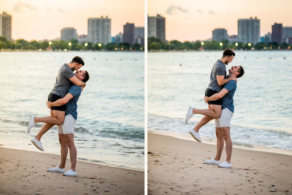 Man lifting up boyfriend and spinning him by the water