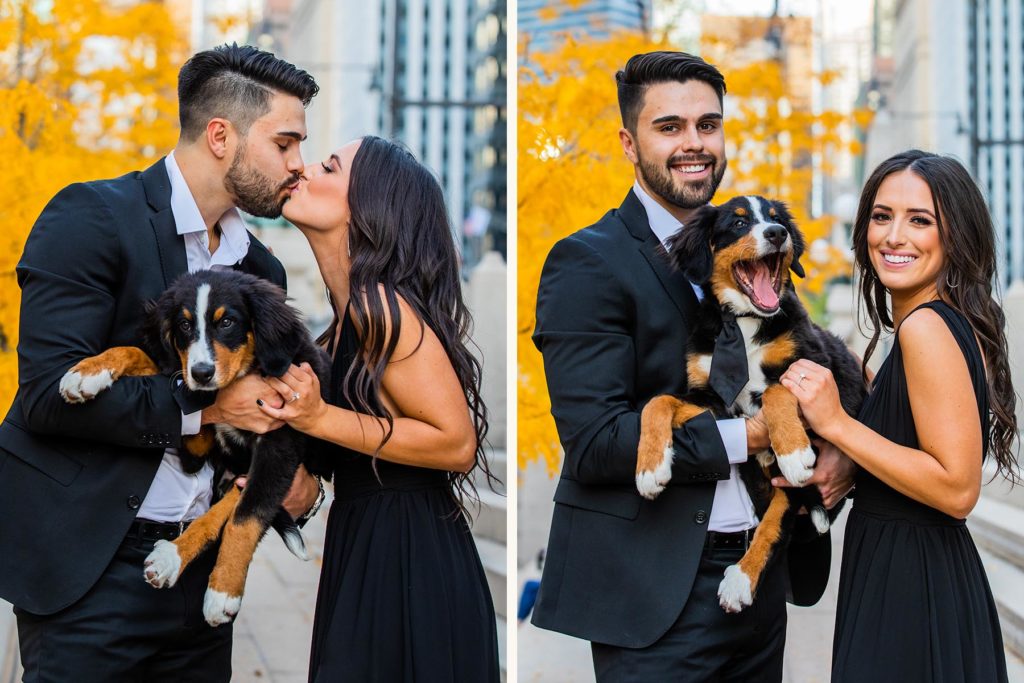 Couple posing with puppy in downtown Chicago