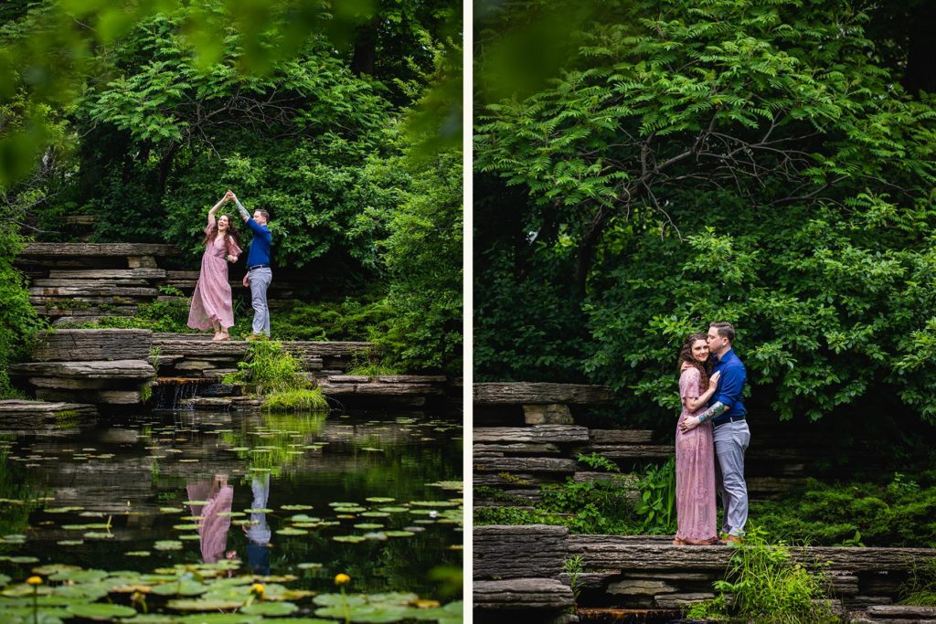 Man and woman dancing and looking at their reflection in the Alfred Caldwell Lily Pool