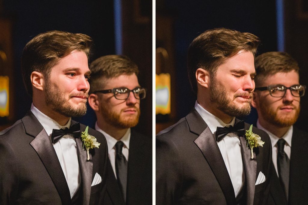 Groom crying as he sees the bride walking down the aisle