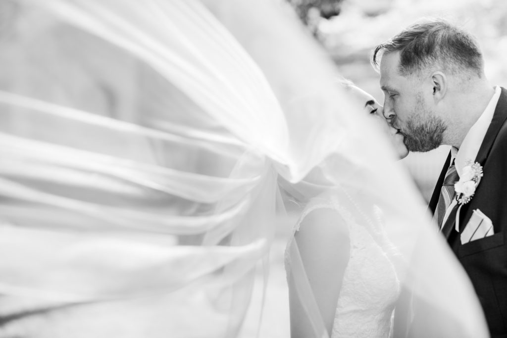 Bride and groom kissing behind a veil in a park