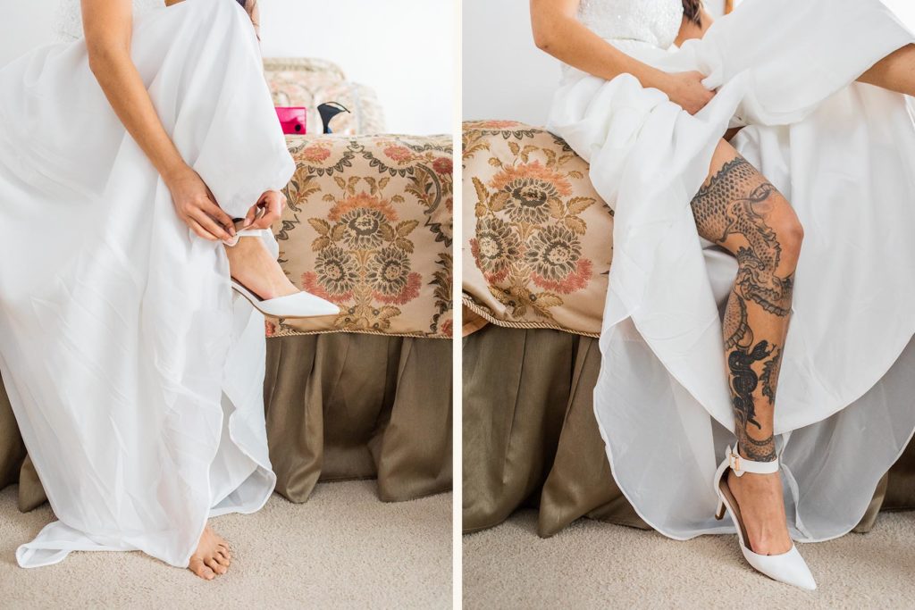 Bride putting on her shoes and showing her tattoo