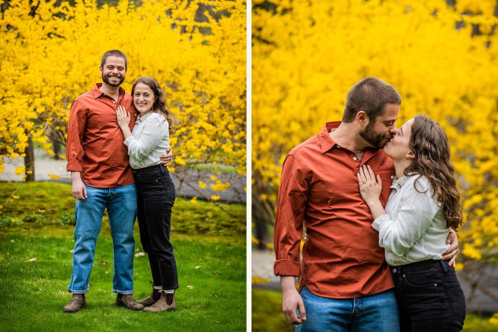 Man and woman kissing in front of  forsythias during their engagement session in Bedford