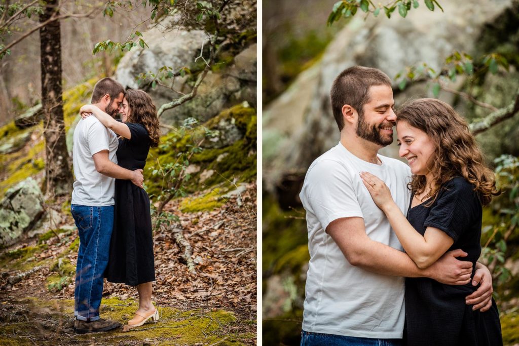Couple embrace in the woods