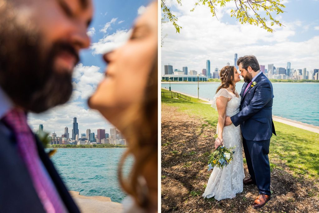 Couple kiss with Lake Michigan in the background