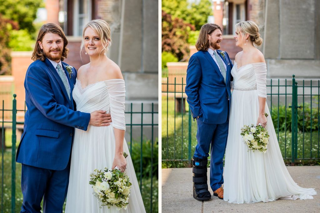 Bride and groom pose while smiling outside St. Hyacinth Basilica