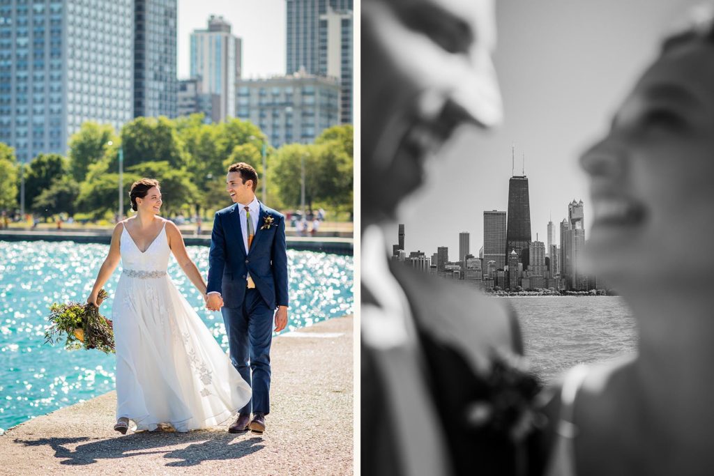 Bride and groom smiling at each other at North Avenue beach before their their Big Delicious Planet wedding