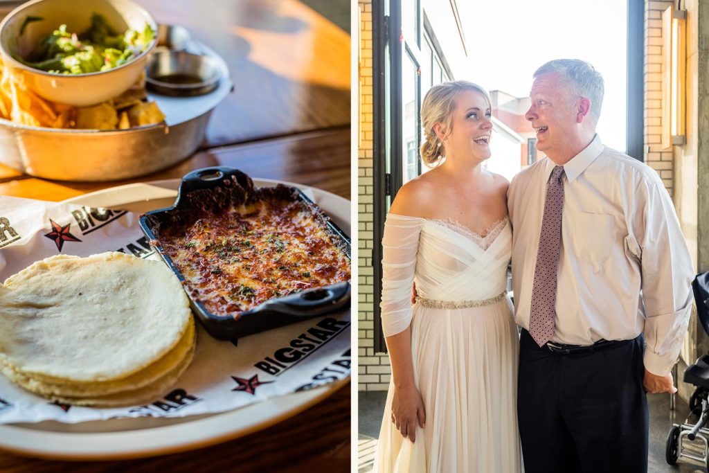 Bride and her father laughing together next to some queso