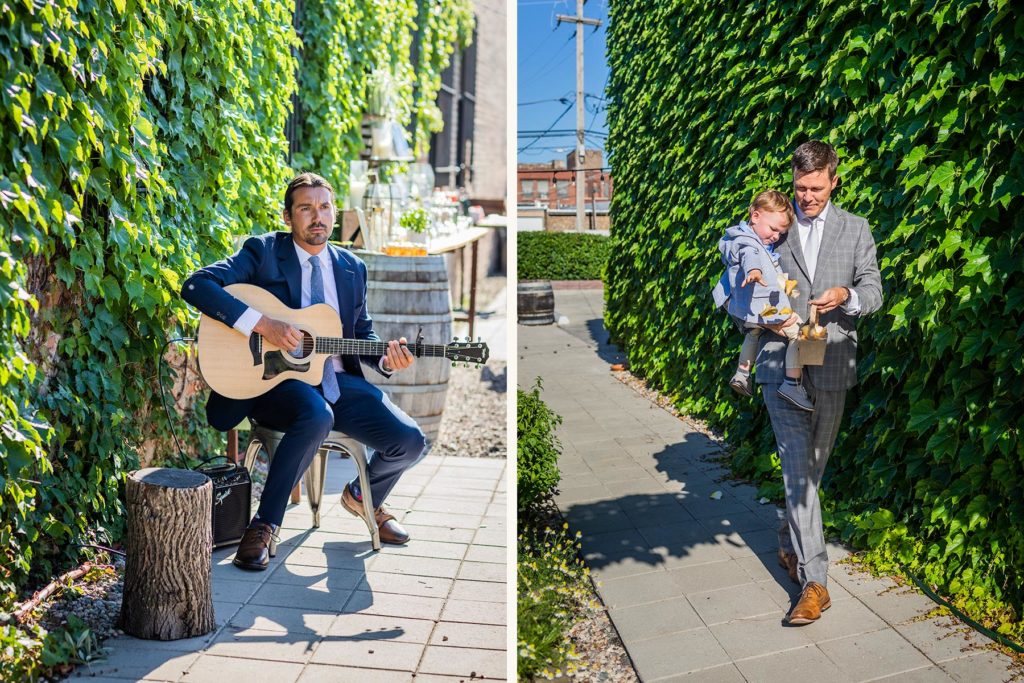 Best man plays guitar while a young boy throws flowers