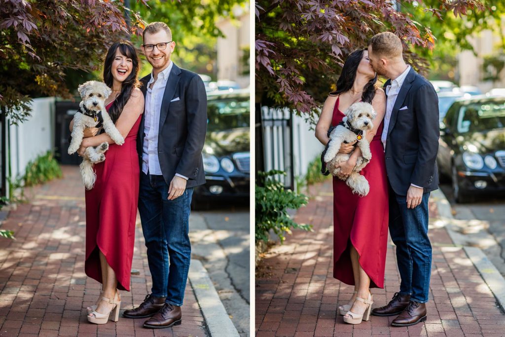 Man and woman laughing while holding dog in Old Town during their North Ave Beach Engagement Session