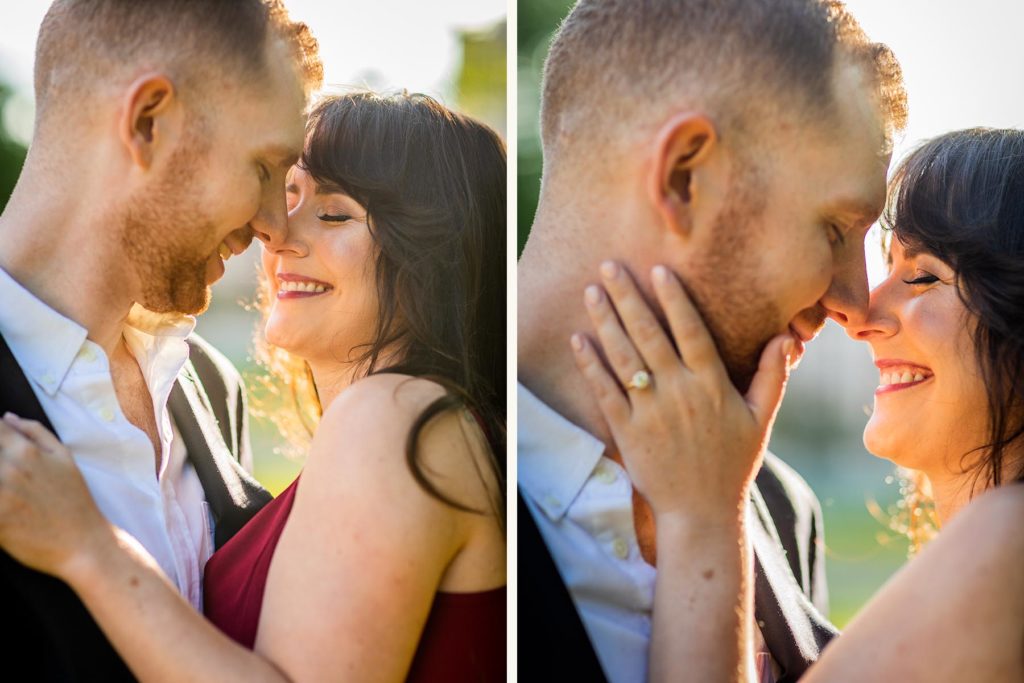 Man and woman touching noses and kissing during their North Ave Beach Engagement Session