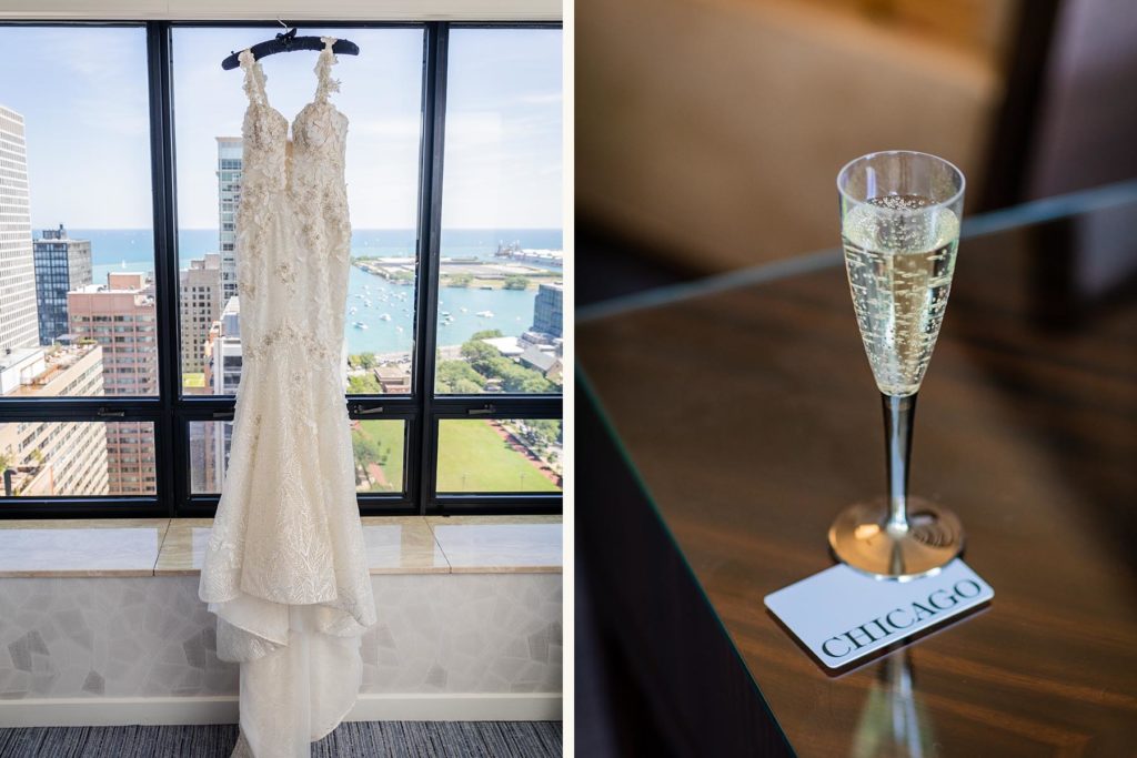 Wedding dress hanging in the window of the Ritz-Carlton Chicago