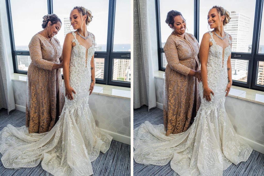Mother of the bride helping her daughter get into her dress at the Ritz-Carlton Chicago before her wedding at Venue SIX10
