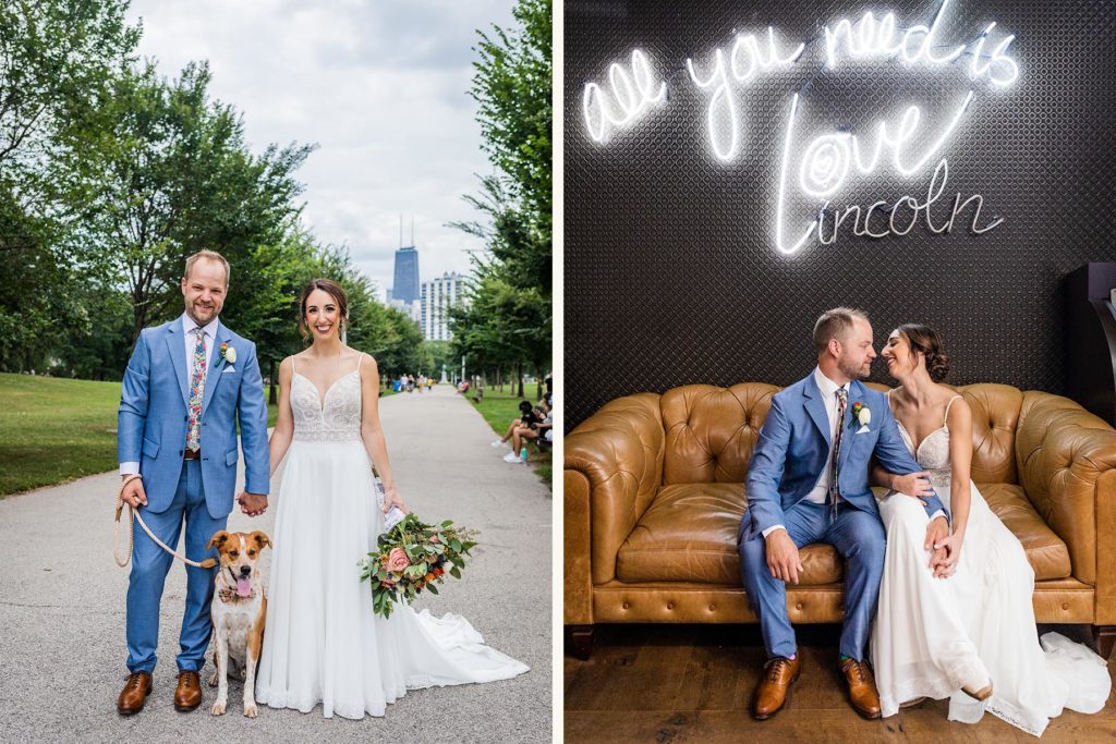 Couple posing with dog in Chicago outside of Hotel Lincoln