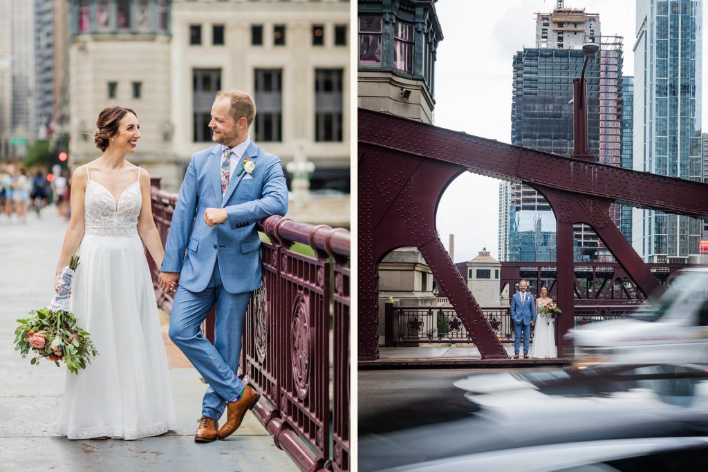Bride and groom standing on the Lasalle Street bridge in Chicago