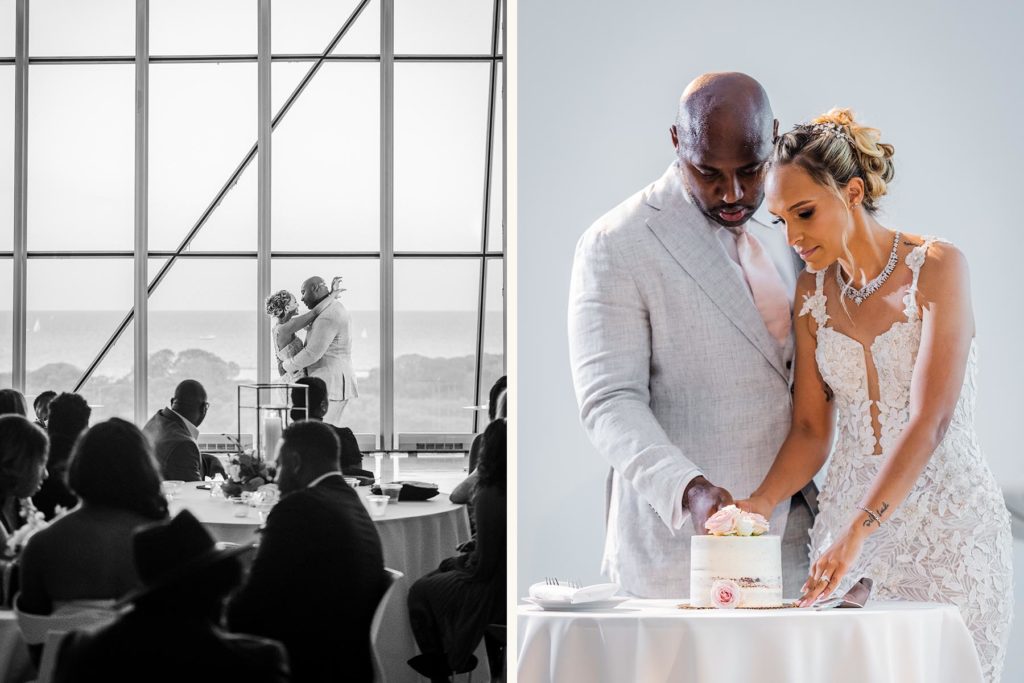 Newlyweds cut the cake during their wedding at Venue SIX10