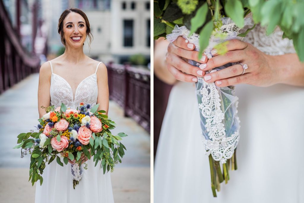 Bride holding her bouquet detailed with her mother's wedding dress