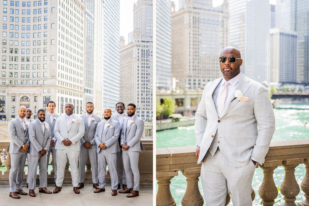 Groom and groomsmen posing for a photos at the Wrigley Building in Chicago before the wedding at Venue SIX10