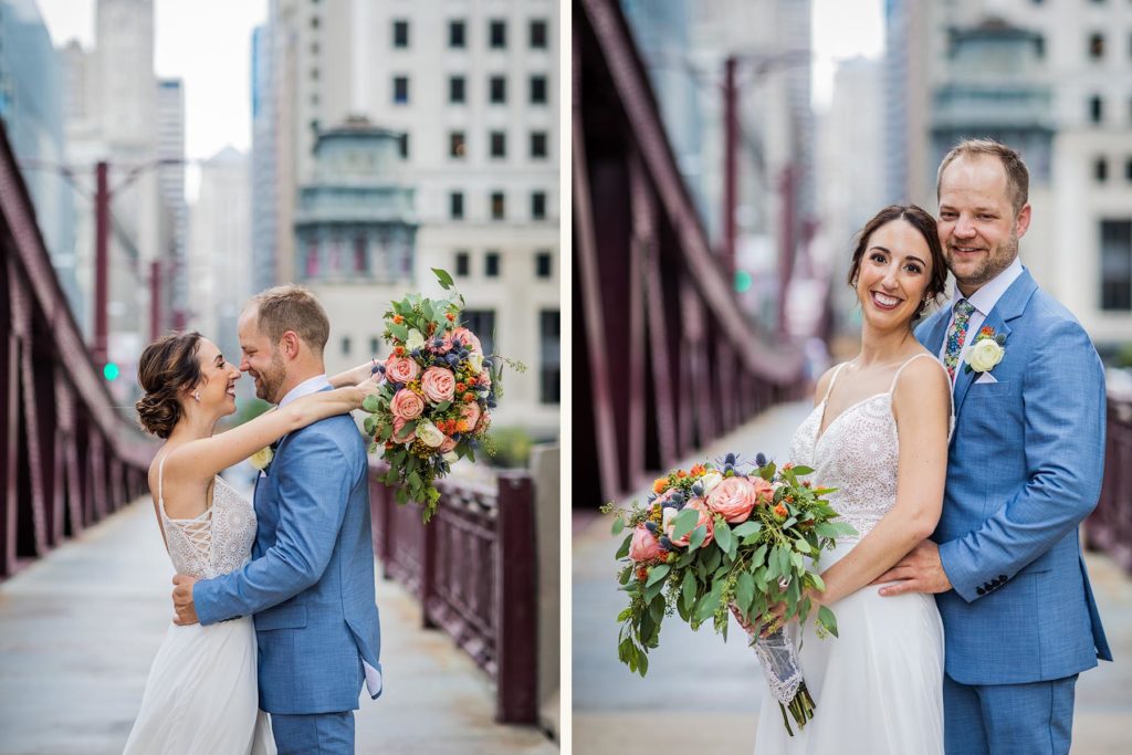 Bride and groom smiling and holding each other on the Lasalle Street bridge in Chicago