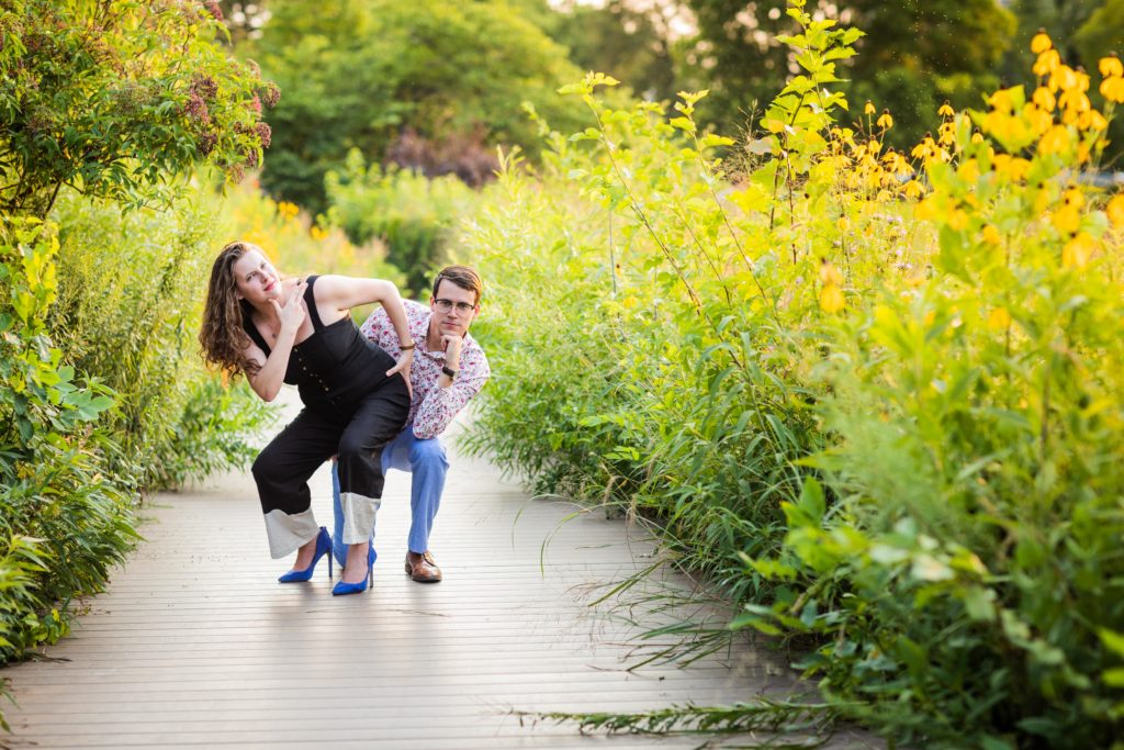 Couple making a funny pose during their south pond engagement session