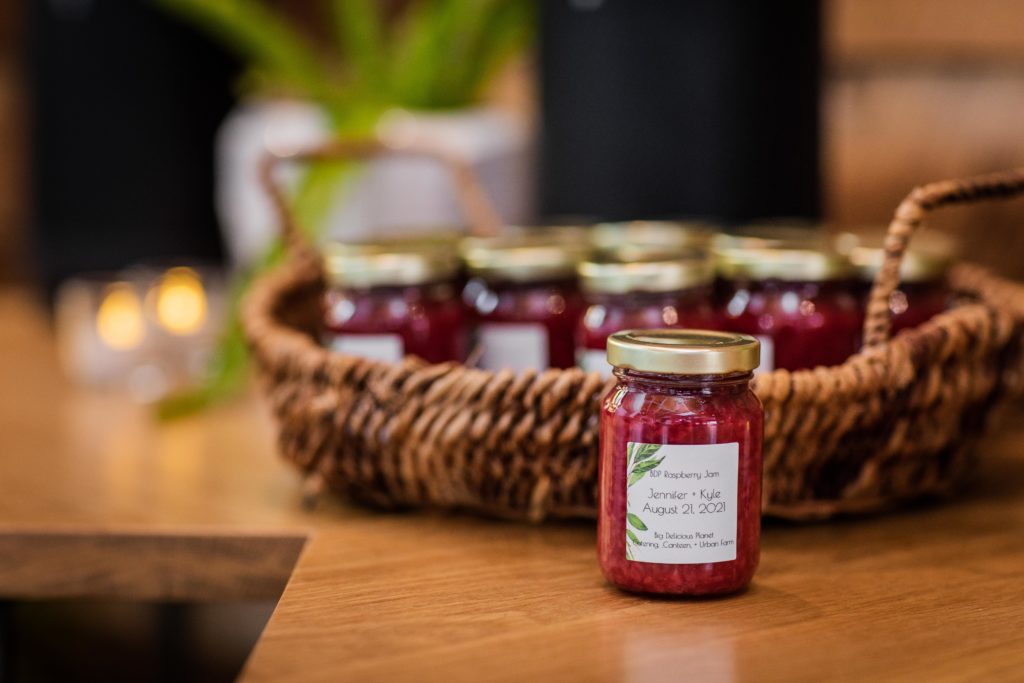 Raspberry jam with the couple's names on it