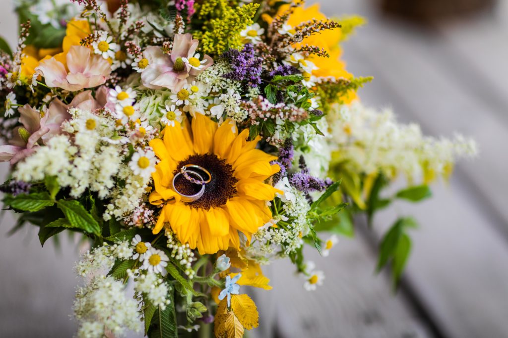 Weddings rings resting on flowers