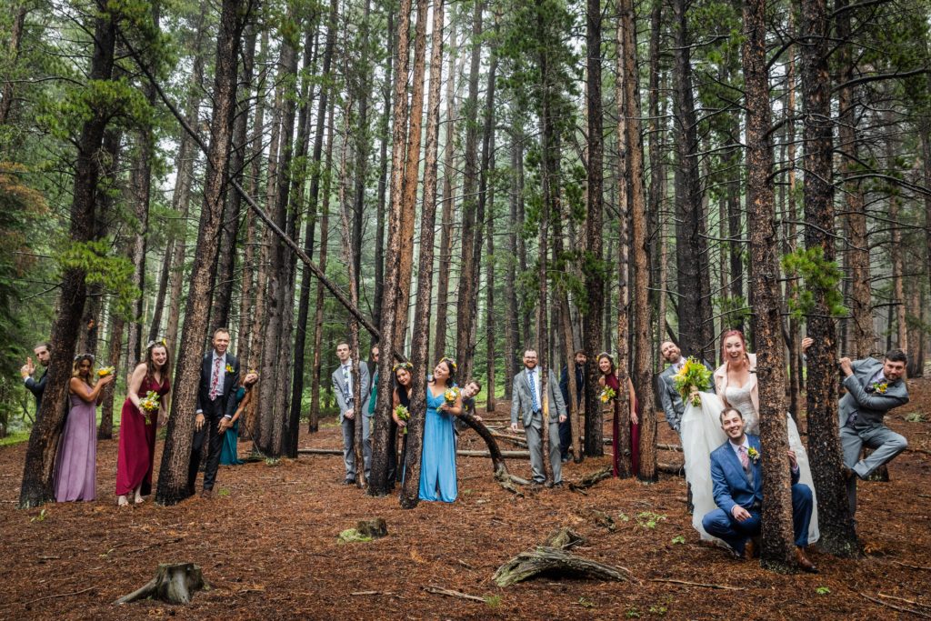 Wedding party posing behind trees in Estes Park