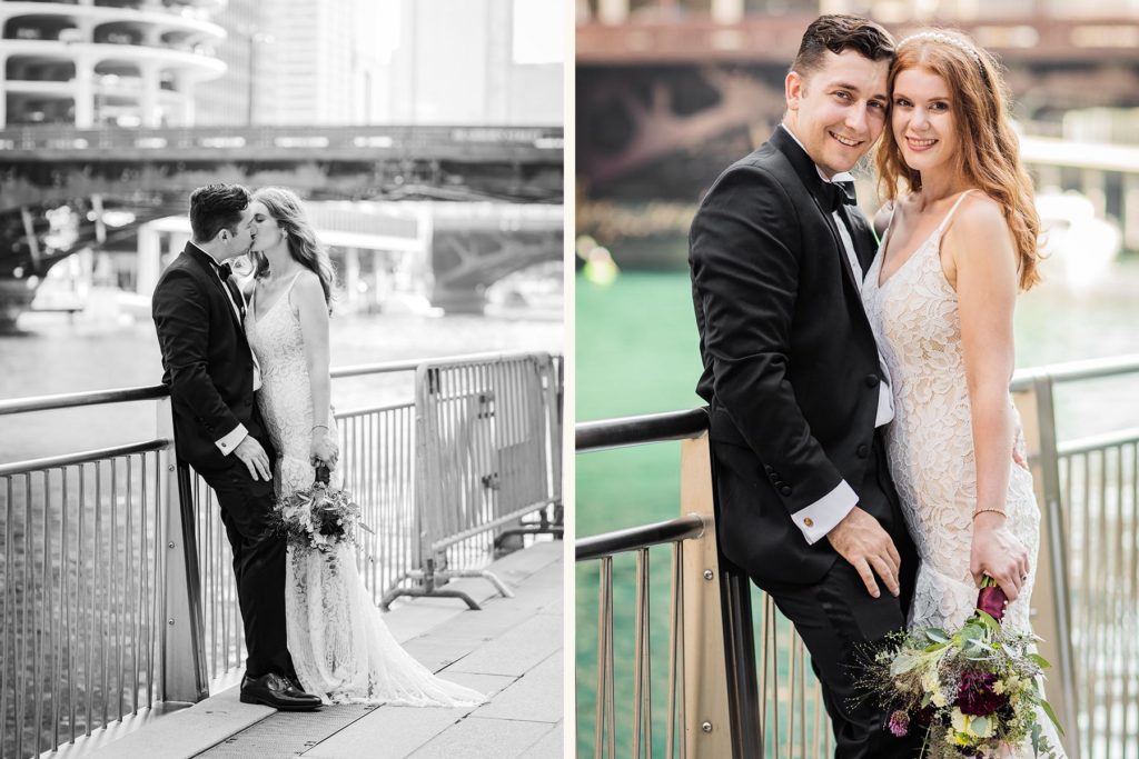 Couple kissing on the Chicago Riverwalk after their Chicago City Hall wedding 
