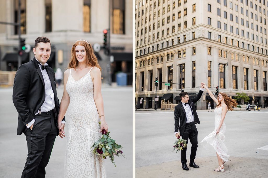 Bride spinning on a street corner downtown after their Chicago City Hall wedding 