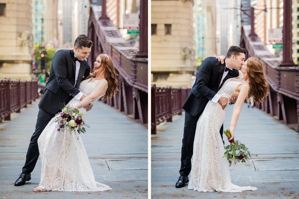 Groom dipping and kissing his bride on the LaSalle Street bridge after their Chicago City Hall wedding 