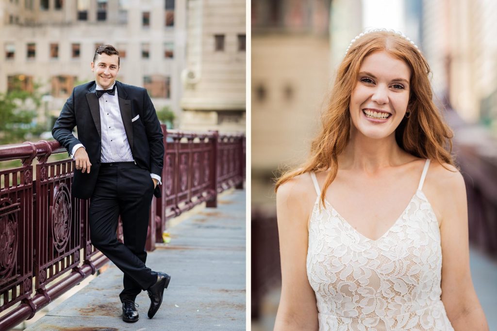 Bride and groom each posing for a portrait in downtown Chicago