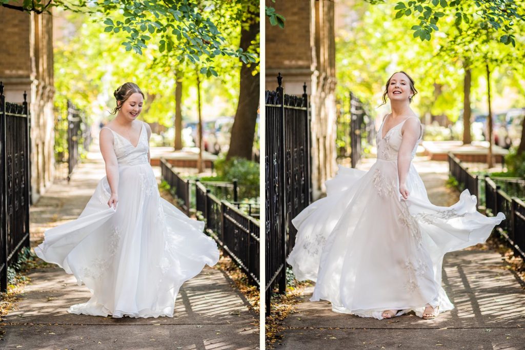 Bride twirling in her dress in Lincoln Park