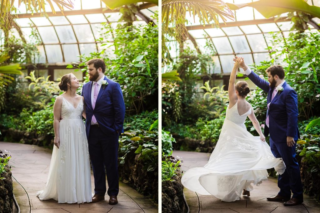 Bride being spun by her husband at the Lincoln Park Conservatory