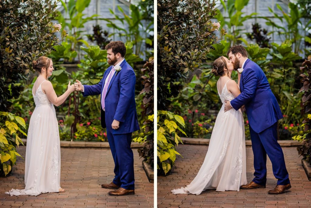 Bride and groom kissing at their Lincoln Park Conservatory wedding ceremony