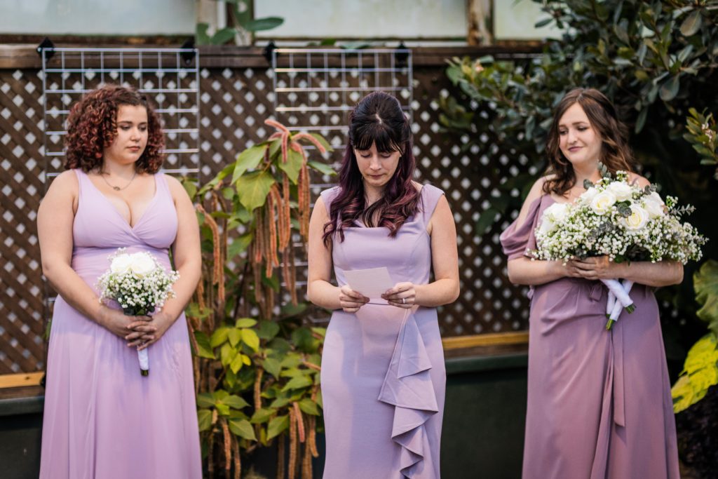 Sister of the bride makes a speech during a Lincoln Park Conservatory wedding