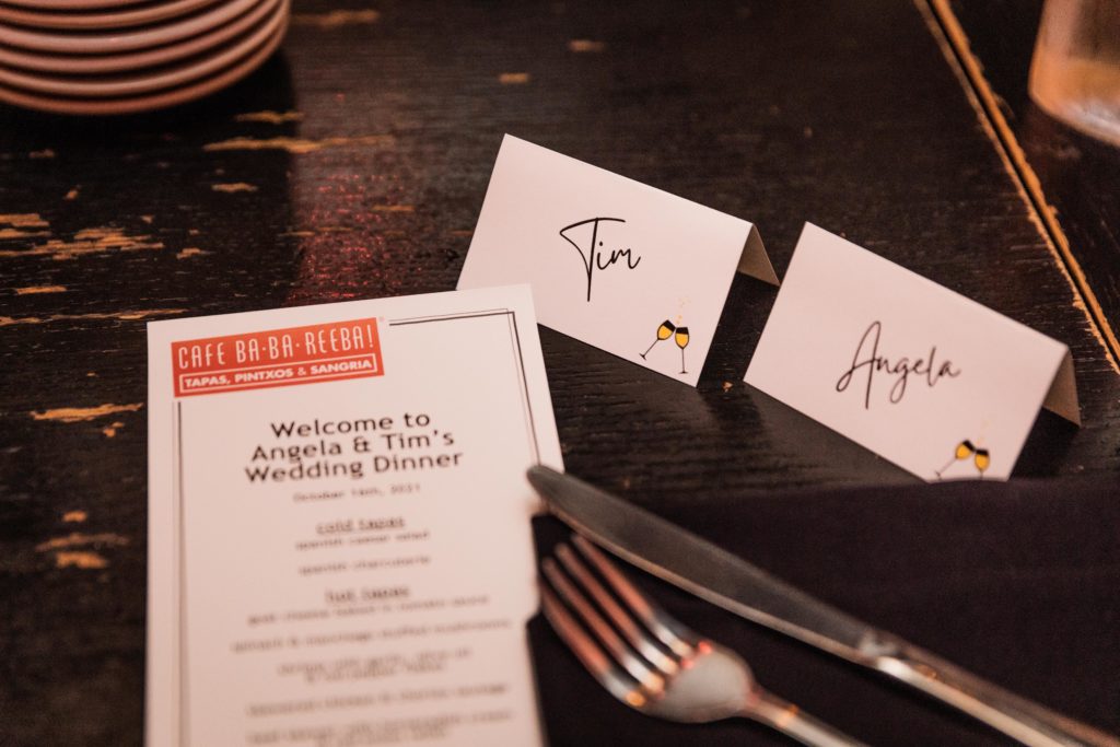 Place cards with the bride and groom's names on them