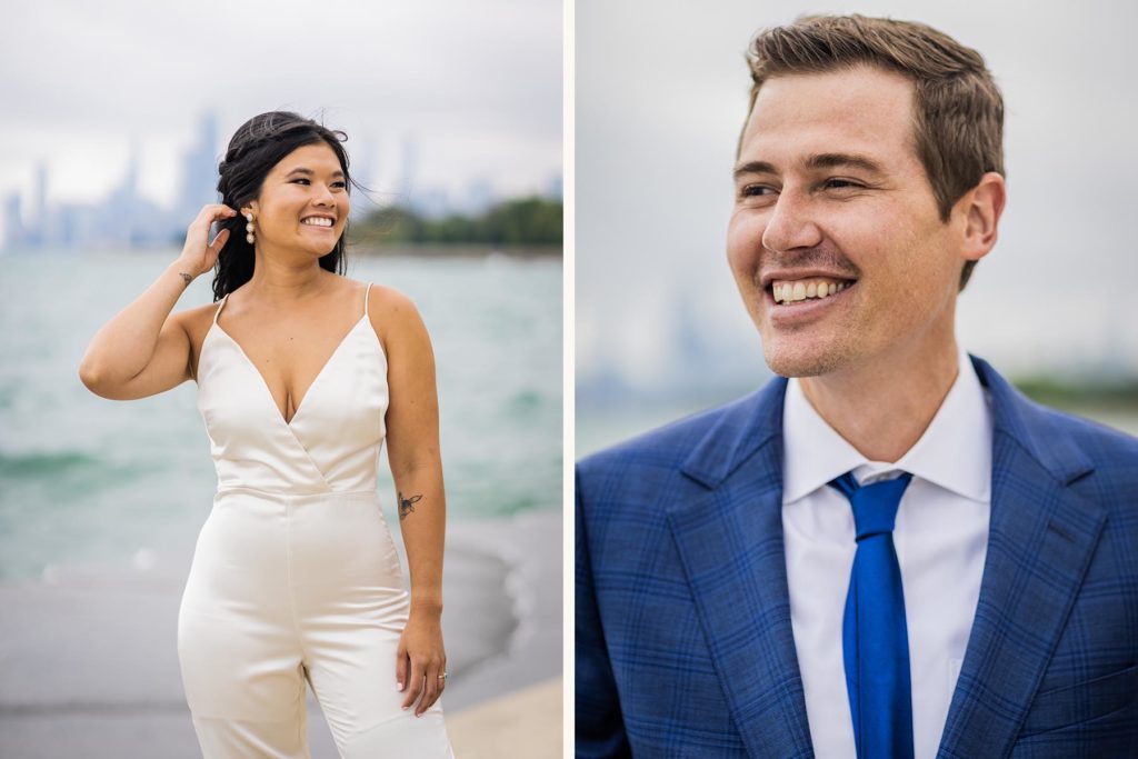 Bride and groom smiling for portraits by the lake in Chicago