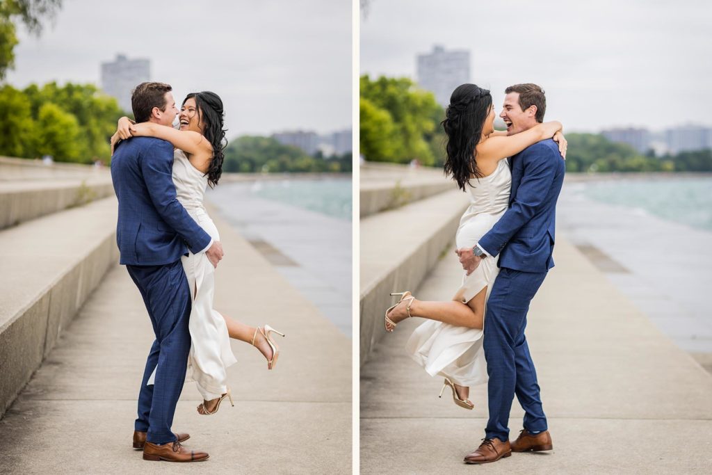 Groom spinning the bride in his arms while smiling after their elopement in Chicago