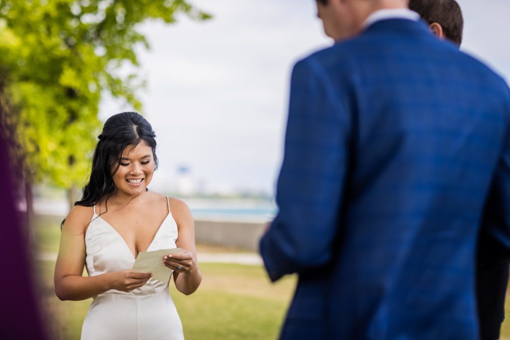 Bride reading her vows during her elopement in Chicago