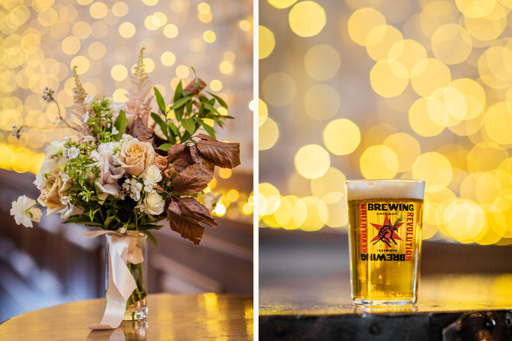 Flowers and beer in front of string lights