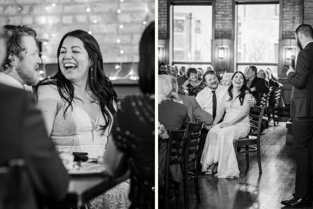 Bride and groom laugh together at their Revolution Brewing Wedding