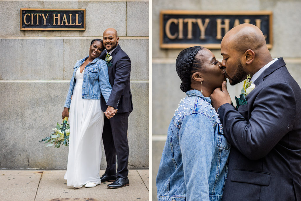 Couple kiss before their Chicago city hall wedding