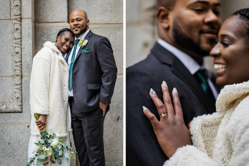Couple embraces while waiting to enter city hall before their wedding