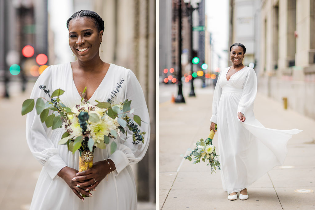 Bride smiling with flowers before her Chicago city hall wedding