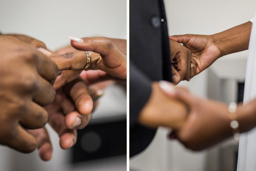 Couple holds hands during their Chicago city hall wedding ceremony